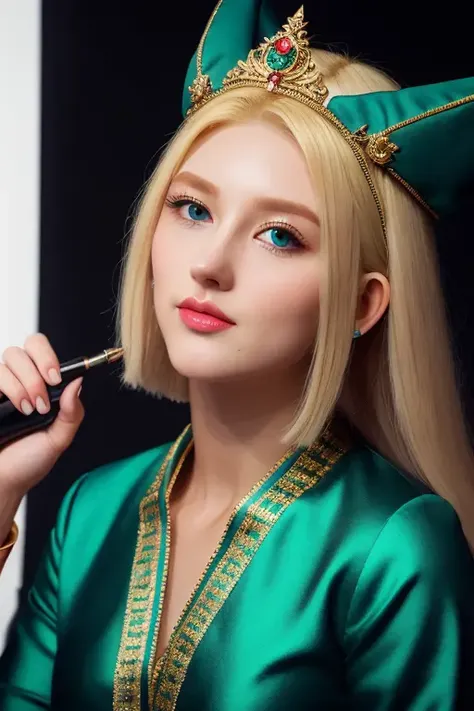 a beautiful empress portrait, blonde hair, perfect blue eyes, with a brilliant, impossible striking big Christmas headpiece, clothes Santa robes, everything Christmas, snow, symmetrical, dramatic studio lighting, rococo, baroque, greens, asian, hyperrealism, closeup, D&D, fantasy, intricate, elegant, highly detailed, digital painting, artstation, octane render, 8k, concept art, matte, sharp focus