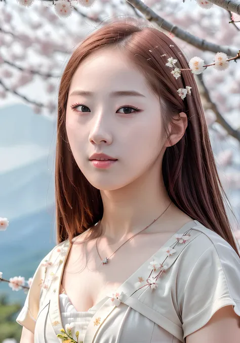 <hypernet:haseul.v4-2300:0.95> (masterpiece:1.3), (high detailed skin:1.2), 8k uhd, dslr, soft lighting, high quality, film grain, haseul from loona, cleavage, ((focus on face, detailed face)), mt. fuji and cherry blossoms background