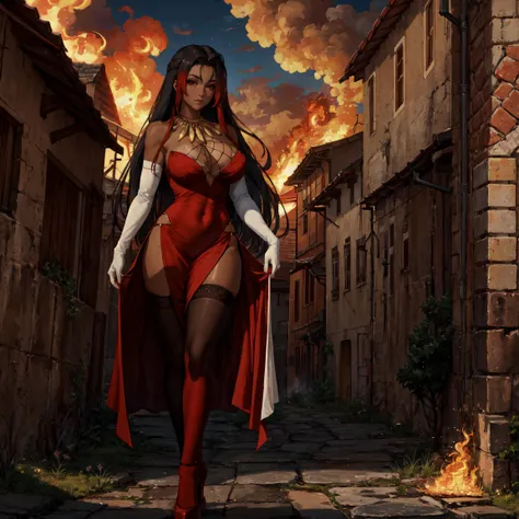 (masterpiece, best quality, ultra detailed, absurdres)1.5, 2girls, (sexy, beautiful woman, perfect face, perfect eyes, perfect female body, kkw-h-bb, huge breasts)1.5, (sylvia, multicolored hair, black hair, red hair, dark skin, necklace, red dress, white elbow gloves, thighhighs, bare shoulders, cleavage, red high heels, <lora:Sylvia:0.8>), (standing in a burning medieval village), perfect lighting, smooth, hdr