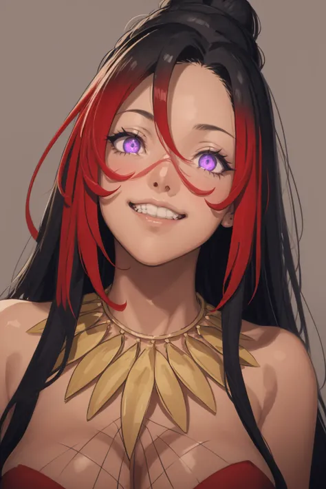 masterpiece, best quality, 1girl, sylvia, multicolored hair, long hair, black hair, read hair, (purple eyes), glowing eyes, dark skin, necklace, red dress, large breasts, closeup, grin, parody, sketch, simple background <lora:Sylvia:1>