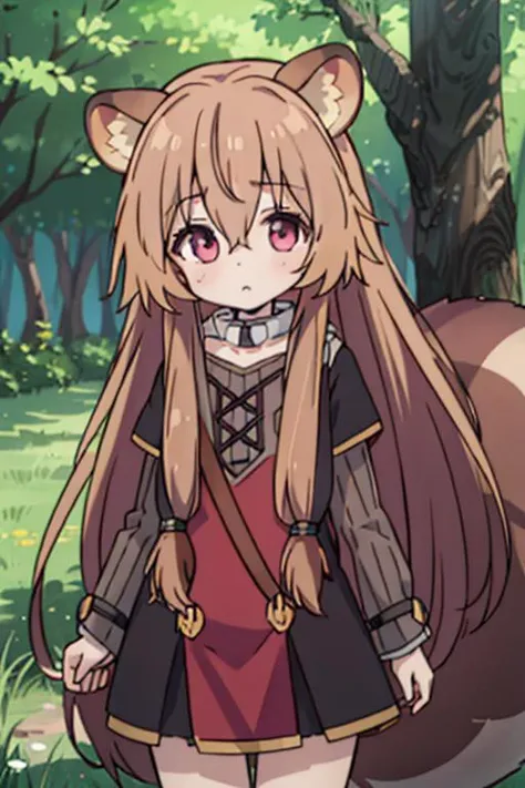 masterpiece, best quality,ultra detail,<lora:GoodHands-vanilla:0.7>,,girl, ,raphtalia,bangs,long_hair,brown_hair,animal_ears,raccoon_girl,raccoon_ears,hair_between_eyes,animal_ear_fluff,,long_sleeves,racoon_tail,tail <lora:raphtalia:0.7>,forest,walking