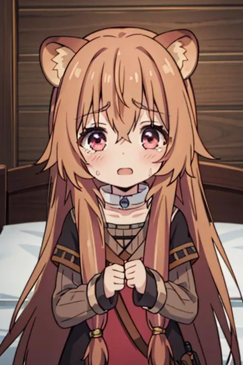 masterpiece, best quality,ultra detail,<lora:GoodHands-vanilla:0.7>,girl, ,raphtalia,bangs,long_hair,brown_hair,animal_ears,raccoon_girl,raccoon_ears,hair_between_eyes,animal_ear_fluff,long_sleeves <lora:raphtalia:0.7>,fantacy inn,wooden bed,crying ,tears,open mouth