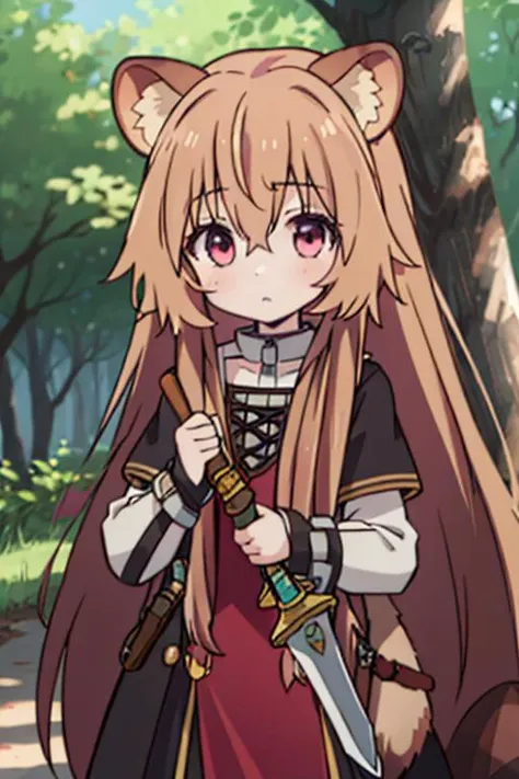 masterpiece, best quality,ultra detail,<lora:GoodHands-vanilla:0.7>,girl, ,raphtalia,bangs,long_hair,brown_hair,animal_ears,raccoon_girl,raccoon_ears,hair_between_eyes,animal_ear_fluff,long_sleeves <lora:raphtalia:0.7>,forest,sword,holding sword