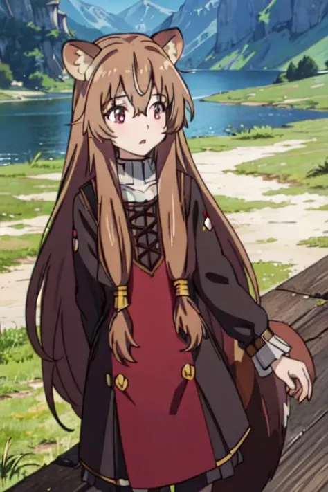 masterpiece, best quality,ultra detail,<lora:GoodHands-vanilla:0.7>,girl, ,raphtalia,bangs,long_hair,brown_hair,animal_ears,raccoon_girl,raccoon_ears,hair_between_eyes,animal_ear_fluff,long_sleeves <lora:raphtalia:0.7>,fantacy world,mountain road,lake,active pose
