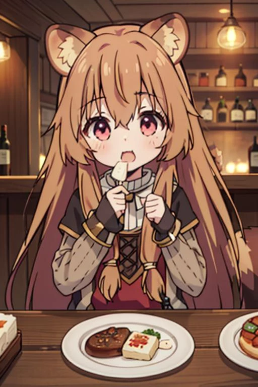 masterpiece, best quality,ultra detail,<lora:GoodHands-vanilla:0.7>,,girl, ,raphtalia,bangs,long_hair,brown_hair,animal_ears,raccoon_girl,raccoon_ears,hair_between_eyes,animal_ear_fluff,,long_sleeves,racoon_tail,tail <lora:raphtalia:0.7>,fantasy bar,table,food,eating,happy,open mouth
