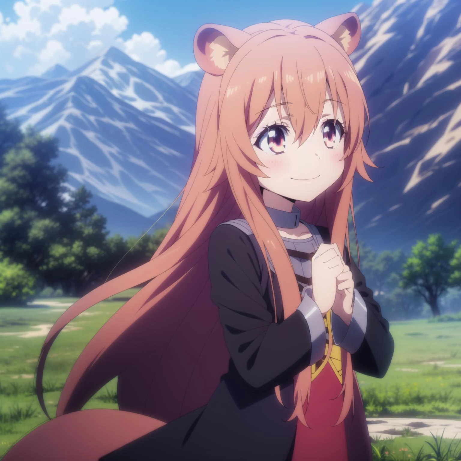 1girl,solo,smile,outdoor,
<lora:raphtalia:0.7:0.7:lbw=1,0,0,1,1,1,1,1,1,1,0,0,0,1,0,0,0,1,1,1,1,1,1,1,1,1> ,raphtalia,bangs,long_hair,brown_hair,animal_ears,raccoon_girl,raccoon_ears,hair_between_eyes,animal_ear_fluff,,long_sleeves,