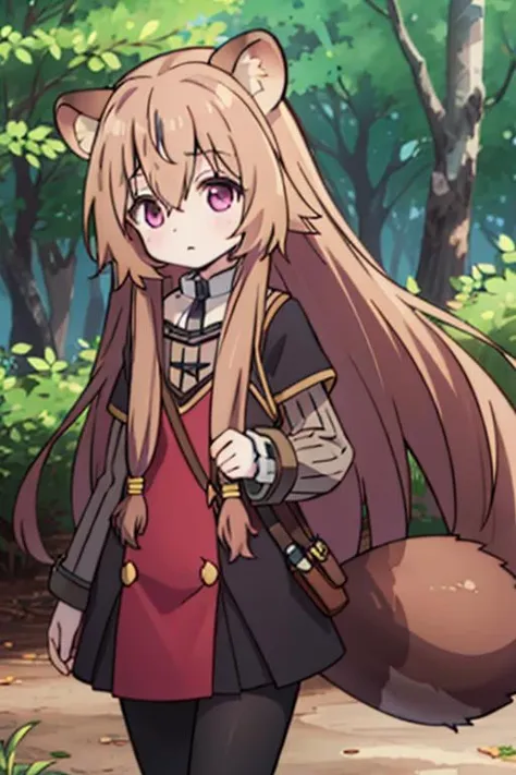 masterpiece, best quality,ultra detail,<lora:GoodHands-vanilla:0.7>,,girl, ,raphtalia,bangs,long_hair,brown_hair,animal_ears,raccoon_girl,raccoon_ears,hair_between_eyes,animal_ear_fluff,,long_sleeves,racoon_tail,tail <lora:raphtalia:0.7>,forest,walking