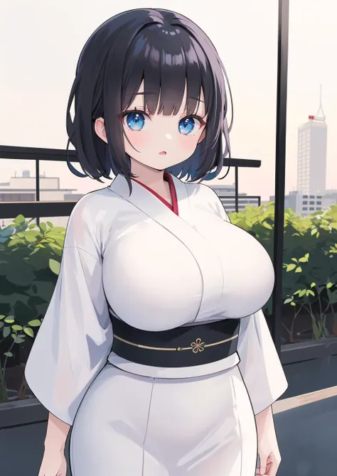 masterpiece, best quality, absurdres,
1girl,
cowboy shot, outdoors, 
standing,
(white kimono, taut clothes),
black hair, blunt bangs, azure eyes, huge breasts, <lora:huge_breasts_for_short_statureV4:0.2>, narrow waist,