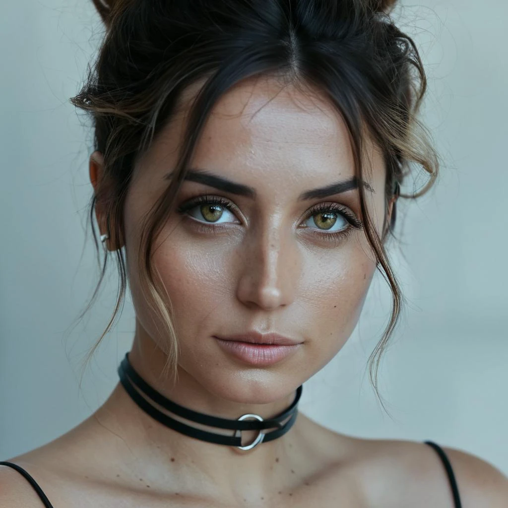 Super high res closeup portrait photo skin texture of a stunning young woman wearing a (very thin leather choker) and has wavy hair ,f /2.8, Canon, 85mm,cinematic, high quality, skin texture, looking at the camera, <lora:anarmas2_xl4_standard-merger_36_55_70_92_025_025_025_025:1>