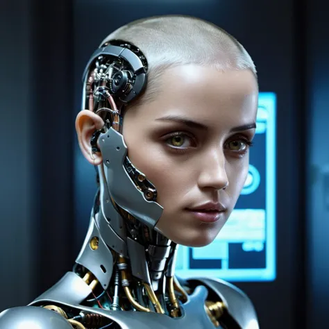 Frontal portrait photo of a gorgeous robot female warrior without hair,  a (glass head) and glowing computer brain, ex machina style, android, cyberpunk style, nightcity,   Nikon P1000, f/1.8, 35mm,   <lora:anarmas2_xl4_standard-merger_36_55_70_92_025_025_025_025:1>