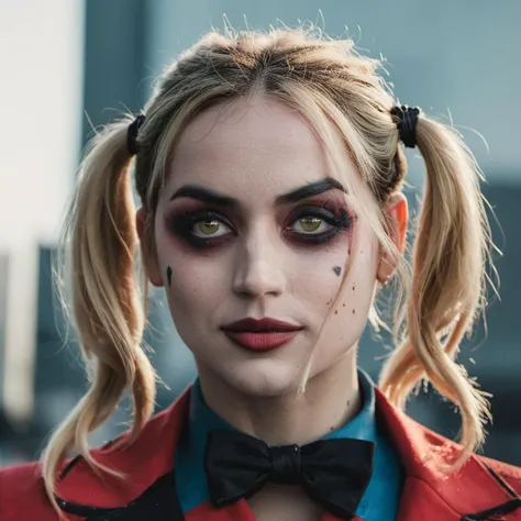 High res portrait photo of an actress dressed as Harley Quinn, f /2.8, Canon, 85mm,cinematic, high quality, skin texture, looking at the camera,    <lora:anarmas2_xl4_standard-merger_36_55_70_92_025_025_025_025:1>