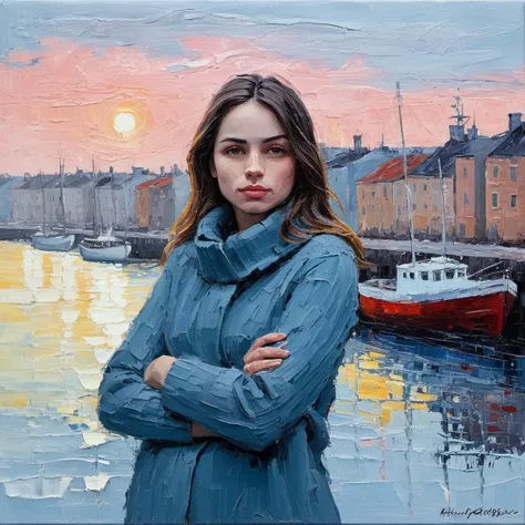 Expressionist palette knife canvas painting of a woman in front of a port in the early winter morning,subtle colors, minimalist, faint,     <lora:anarmas2_xl4_standard-merger_36_55_70_92_025_025_025_025:1>