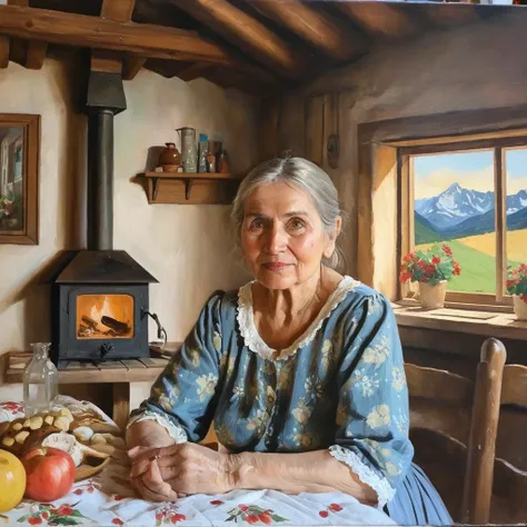 Oil painting of a beautiful old grandmother in a cozy Bavarian cottage, oil on canvas,anxarmas, <lora:anarmas_juggerX_xl_3_standard-anxarmas-000096:1>