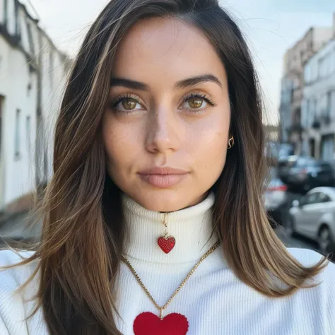 Looking straight at the camera, Film grain, skin texture, Instagram closeup selfie of a woman with beautiful straight hair wearing a heart necklace,f/1.8,wearing a tutleneck shirt,  anxarmas,   <lora:anarmas_juggerX_xl_3_standard-anxarmas-000096:1>