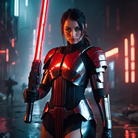 Photo of a female soldier in the year 2436 with futuristic cybernetic enhancements holding a red lightsaber, dystopian background, anxarmas, <lora:anarmas_juggerX_xl_3_standard-anxarmas-000096:1>