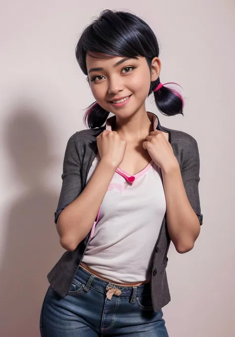 (((photo of marinette wearing a dark gray blazer with rolled-up sleeves over a white t-shirt with rolled up pink colored jeans and light pink ballet flat shoes ))), (((young half chinese girl,short hair,pigtails,black hair,rolled up sleeves,pink colored jeans))),blue eyes,(((pink jeans))),athletic build, (((smiling:.7))),centered,masterpiece,(((park background))), expressive eyes,best quality, ((playfull theme)), ((vibrant tones)),(((excited pose))), saturated colors, high contrast, (natural skin texture, hyperrealism, soft light, sharp),(((cowboy shot))), 50mm,highres, extremely detailed eyes,extremely detailed,perfect face,perfect eyes,body,hands, <lora:epi_noiseoffset2:.4> <lora:marinette:.5>