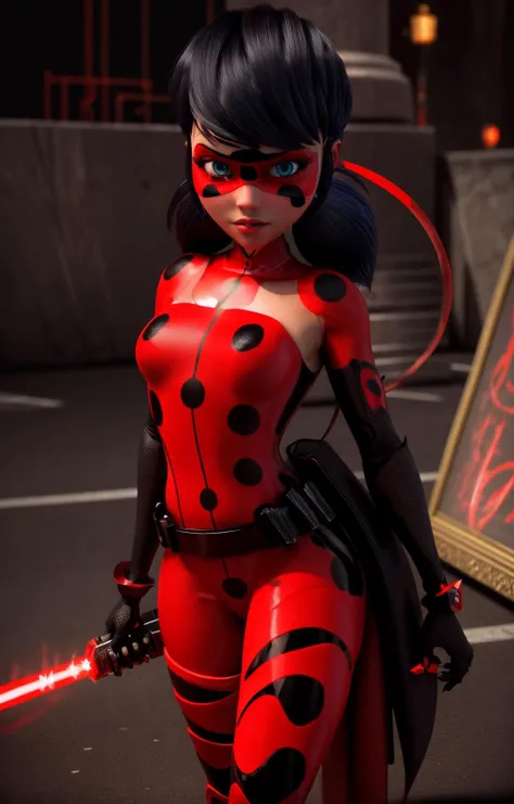 ultra wide angle, in focus, dark epic background, gorgeous lifelike, dynamic pose, a lady, holding red lightsaber in his hand, medium shot, hyper details, lighting art, cinematic, insane details, intricate details, hyperdetailed, goth, fractal,
<lora:flat2:-0.5>
<lora:marinette-10:1>,ladybug costume,marinette