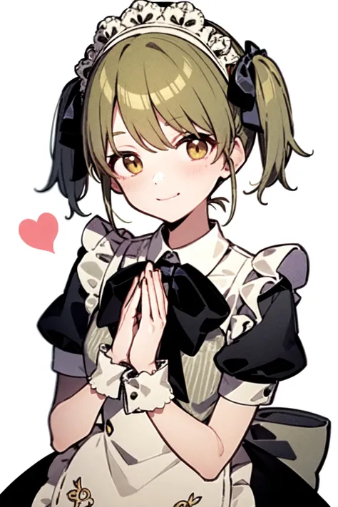 <lora:nanakusa nichika:1>, nanakusa nichika, 1girl, solo, green hair, maid headdress, green eyes, smile, white background, blush, maid, simple background, twintails, wrist cuffs, looking at viewer, apron, short sleeves, upper body, puffy sleeves, maid apron, puffy short sleeves, bow, closed mouth, own hands together, dress, ribbon, bowtie, black bow, short hair, hands up, frills, short twintails, bangs