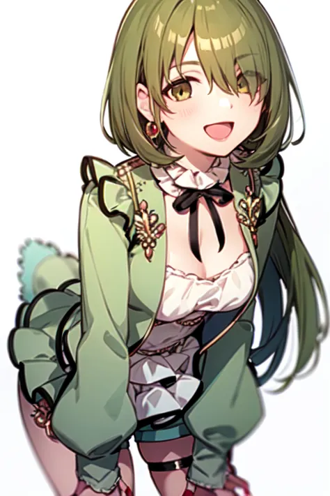 <lora:nanakusa nichika:1>, nanakusa nichika, 1girl, solo, green hair, jewelry, white background, smile, earrings, long hair, simple background, shorts, long sleeves, open mouth, looking at viewer, jacket, green eyes, blush, leaning forward, nail polish, sleeves past wrists, green jacket, frilled collar, :d, frills, green shorts, neck ribbon, red nails, covering one eye, bangs, shirt, ribbon, black ribbon, thigh strap, cleavage, thighlet, breasts, short shorts, open jacket