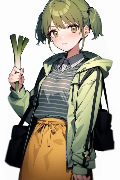 <lora:nanakusa nichika:1>, nanakusa nichika, spring onion, solo, skirt, jacket, white background, bag, looking at viewer, simple background, shirt, twintails, blue jacket, green hair, yellow skirt, striped shirt, hood, vertical-striped shirt, blush, bangs, green eyes, long sleeves, hooded jacket, closed mouth, grey shirt, striped, open clothes, low twintails, short twintails, open jacket, cowboy shot, collared shirt, hand up, holding