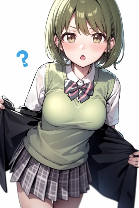 <lora:nanakusa nichika:1>,nanakusa nichika, 1girl, solo, skirt, green eyes, green hair, white background, simple background, short hair, school uniform, looking at viewer, short sleeves, open mouth, bow, shirt, blush, plaid, :o, pleated skirt, plaid skirt, sweater vest, white shirt, bangs, bowtie, grey skirt, cowboy shot, breasts, blue bow, sweatdrop, striped