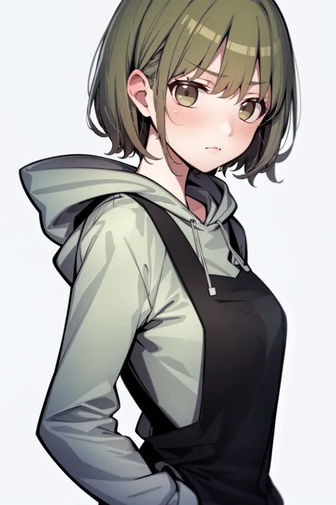 <lora:nanakusa nichika:1>, nanakusa nichika, 1girl, solo, hood, hoodie, green hair, white background, simple background, looking at viewer, green eyes, blush, short hair, apron, upper body, from side, grey hoodie, hood down, closed mouth, looking to the side, bangs, name tag, black apron