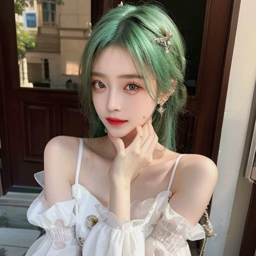 (masterpiece, best quality:1.2), intricate details, <lyco:GoodHands-beta2:1>, 1girl, hair ornament, hair rings, bare shoulders, dress, detached sleeves, forehead mark, multicolored hair, white hair, earrings, green eyes, textured skin, looking at viewer, solo, light smile, (mature female:1.2),crystal rose sona