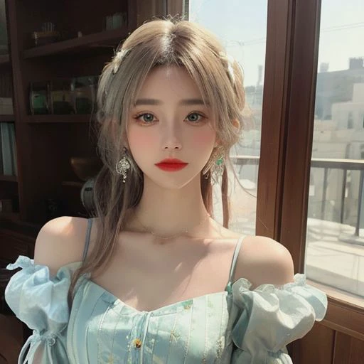 (masterpiece, best quality:1.2), intricate details, <lyco:GoodHands-beta2:1>, 1girl, hair ornament, hair rings, bare shoulders, dress, detached sleeves, forehead mark, multicolored hair, white hair, earrings, green eyes, textured skin, looking at viewer, solo, light smile, (mature female:1.2),crystal rose sona