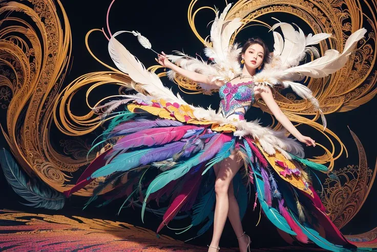 1girl,moyou,(masterpiece, top quality, best quality, official art, beautiful and aesthetic:1.2), (1girl:1.3), extremely detailed,(fractal art:1.1),(colorful:1.1)(flowers:1.3),highest detailed,(zentangle:1.2), (dynamic pose), (abstract background:1.3), (many colors:1.4), ,(earrings), (feathers:1.5). (full body:1.2), (masterpiece,best quality:1.5)
