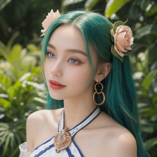 (masterpiece, best quality:1.2), intricate details, <lyco:GoodHands-beta2:1>, 1girl, hair ornament, hair rings, bare shoulders, dress, detached sleeves, forehead mark, multicolored hair, white hair, earrings, green eyes, textured skin, looking at viewer, solo, light smile, (mature female:1.2),crystal rose sona