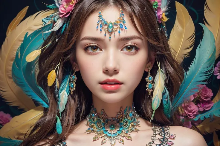 1girl,moyou,(masterpiece, top quality, best quality, official art, beautiful and aesthetic:1.2), (1girl:1.3), extremely detailed,(fractal art:1.1),(colorful:1.1)(flowers:1.3),highest detailed,(zentangle:1.2), (dynamic pose), (abstract background:1.3), (many colors:1.4), ,(earrings), (feathers:1.5)., (masterpiece,best quality:1.5)