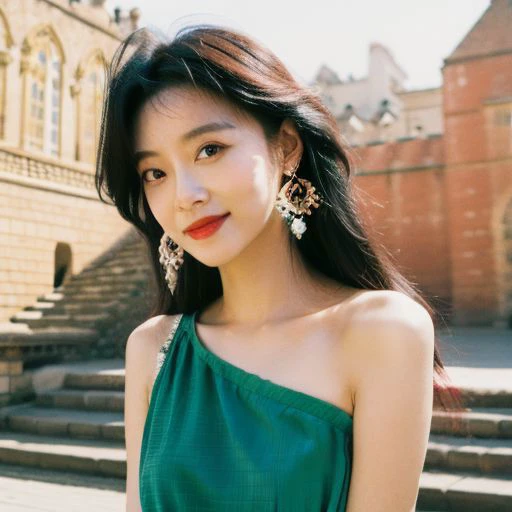 (masterpiece, best quality:1.2), intricate details, <lyco:GoodHands-beta2:1>, 1girl, hair ornament, hair rings, bare shoulders, dress, detached sleeves, forehead mark, multicolored hair, white hair, earrings, green eyes, textured skin, looking at viewer, solo, light smile, (mature female:1.2),crystal rose sona