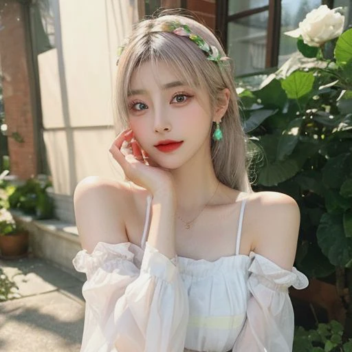 (masterpiece, best quality:1.2), intricate details, <lyco:GoodHands-beta2:1>, 1girl, hair ornament, hair rings, bare shoulders, dress, detached sleeves, forehead mark, multicolored hair, white hair, earrings, green eyes, textured skin, looking at viewer, solo, light smile, (mature female:1.2),crystal rose sona