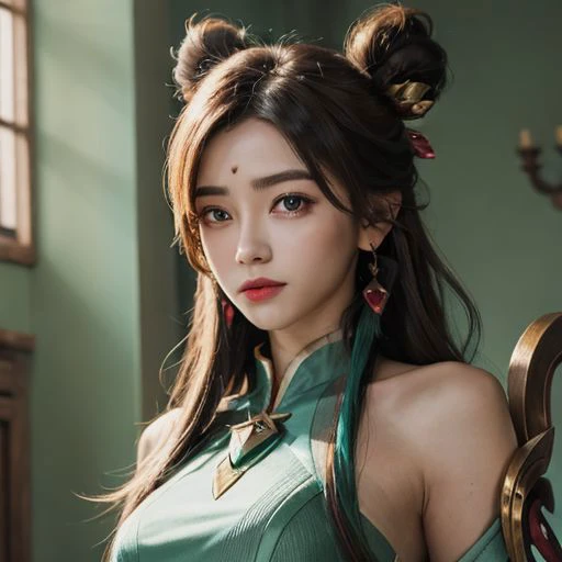 (masterpiece, best quality:1.2), intricate details, <lyco:GoodHands-beta2:1>, <lora:lol_mythmaker_irelia-000016:1>, mythmaker irelia, 1girl, hair ornament, hair rings, bare shoulders, dress, detached sleeves, forehead mark, multicolored hair, white hair, earrings, green eyes, textured skin, looking at viewer, solo, light smile, (mature female:1.2)