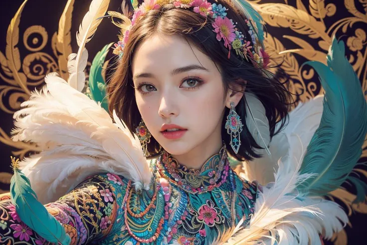 1girl,moyou,(masterpiece, top quality, best quality, official art, beautiful and aesthetic:1.2), (1girl:1.3), extremely detailed,(fractal art:1.1),(colorful:1.1)(flowers:1.3),highest detailed,(zentangle:1.2), (dynamic pose), (abstract background:1.3), (many colors:1.4), ,(earrings), (feathers:1.5). (uper body:1.2), (masterpiece,best quality:1.5)
