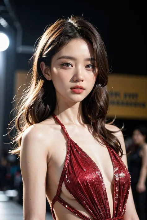 1girl, Stunningly Beautiful Girl, Haute_Couture, designer dress, wearing Haute_Couture, posing for a picture, fashion show, Long shaped face, angry, crazy, dark red eyes, Sandy Blonde side-swept hair, short hair, long ringlets, catwalk \(walkway\), , colorful, vivid colors, masterpiece, best quality, absurdres, highest quality, amazing details, 8k, aesthetic, <lora:girl_SDLife_Chiasedamme_v1.0:0.8>
