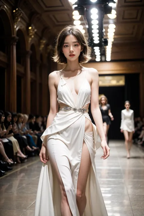 1girl, Stunningly Beautiful Girl, Haute_Couture, designer dress, wearing Haute_Couture, posing for a picture, fashion show, Long shaped face, angry, crazy, dark red eyes, Sandy Blonde side-swept hair, short hair, long ringlets, catwalk \(walkway\), , colorful, vivid colors, masterpiece, best quality, absurdres, highest quality, amazing details, 8k, aesthetic, <lora:girl_SDLife_Chiasedamme_v1.0:0.8>