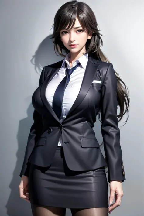 (best quality, masterpiece, official art, highres:1.2), extremely detailed CG unity 8k wallpaper, photo realistic, ultra detailed, (one girl:1.2), (high detailed skin:1.2), (huge breasts:1.1),
<lora:Chifuyu_Orimura_v1:0.6> chifuyuorimura, mature female, long hair, very long hair, ponytail, low ponytail, formal, necktie, skirt suit, suit, jacket, shirt, pencil skirt, black pantyhose,
