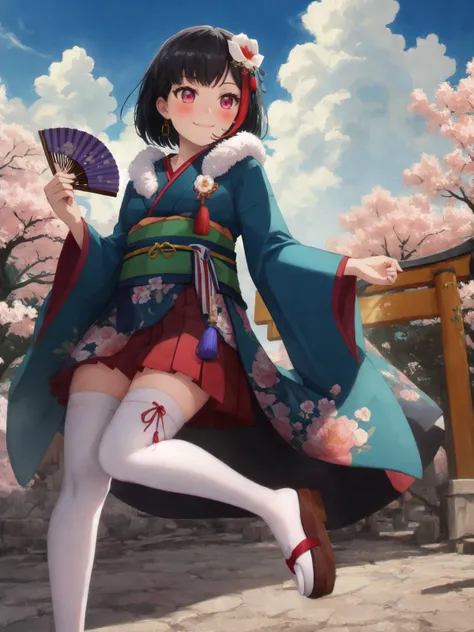 SLE, mksks style, detailed background absurdres, highres, realistic background, chromatic aberration, full body, <lyco:GoodHands-beta2:1.0>,
BREAK solo, 1girl, <lora:Mitake Ran:1>, mitake ran, bob cut,
BREAK a father's big moment, hair flower, hair ornament, earrings, jewelry, japanese clothes, green kimono, yukata, bow, obi, sash, floral print, long sleeves, wide sleeves, fur trim, tassel, red skirt, pleated skirt, frilled skirt, frills, (thighhighs, white legwear), sandals, (paper fan),
BREAK standing, (holding, holding fan), smile, blush, looking to the side,
BREAK torii, east asian architecture, trees, cherry blossoms, petals, falling petals, blue sky, clouds, sunlight, outdoors