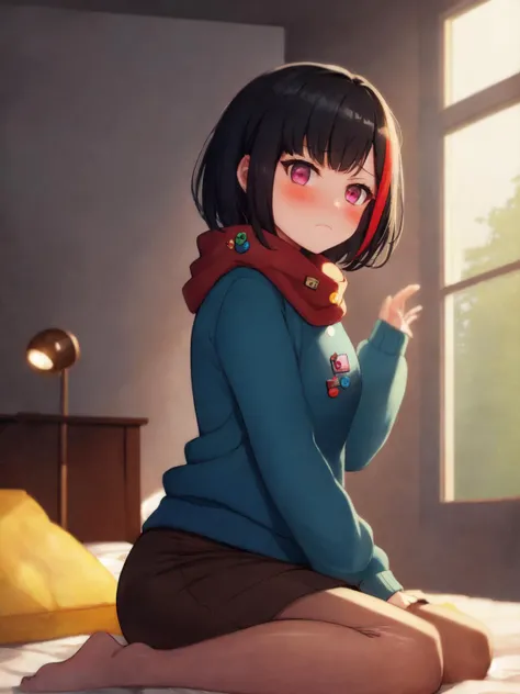 SLE, mksks style, detailed background absurdres, highres, chromatic aberration, (full body), from side, <lyco:GoodHands-beta2:1.0>,
BREAK solo, 1girl, <lora:Mitake Ran:1>, mitake ran, bob cut
BREAK casual (winter), red scarf, blue sweater, long sleeves, (clothes writing, print sweater), button badge, badge, denim skirt, denim, skirt, pencil skirt, zipper, (pantyhose, brown legwear), barefoot, no shoes,
BREAK sitting, wariza, on bed, frown, v-shaped eyebrows, blush, looking at viewer,
BREAK bedroom, bed, window, house, indoors, night, ceiling light