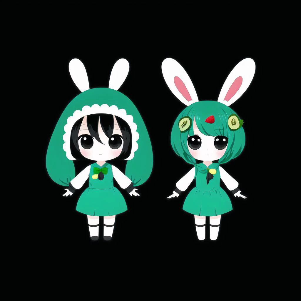 <lora:logoarchive:1>, logoarchive, black and white logo, 2girls, aqua eyes, bird, bunny hood, chibi, copyright name, detached sleeves, food, fork, fruit, gloves, green hair, hands together, kiwi, long hair, multiple girls, scrunchie, socks, strawberry, stuffed animal, stuffed toy, sweets, twintails, very long hair