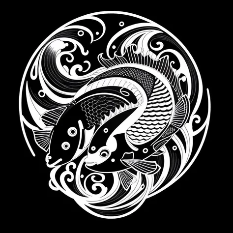 koï fish, intricate details, <lora:logoarchive:0.7>, japanese illustration, logoarchive, black and white tatoo