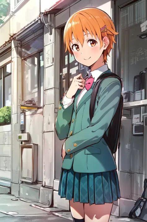 ((masterpiece,best quality, detailed)), 1girl, solo, inami mahiru, school uniform, hairclip, hairpin, kneehighs, standing, street, outdoors, looking to the side, school bag, smile, hand in own hair