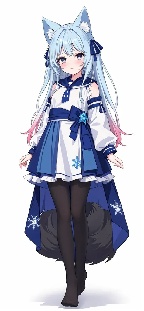 masterpiece, best quality,1 girl,gradient blue longhair,gradient black eyes,fox ears,white pantyhose,white background,snowflakes,no shoes,standing