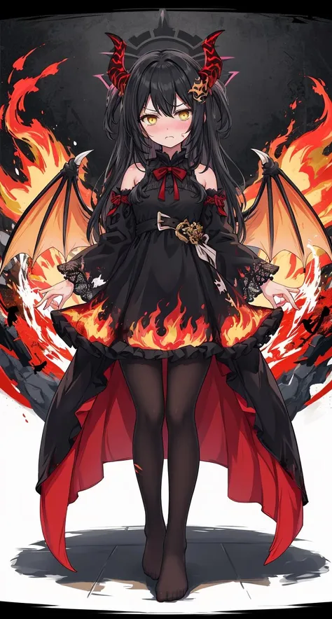 (masterpiece), best quality, highly detailed,extremely detailed CG unity 8k wallpaper,illustration,a girl,(black hair),balck dress,yellow eyes,annoyed,black,red fire around,Black sleeve,black horn,fisheye,(red horn),dragon wings,huge wings,summer dress,black hair,Blood stain,center frame,Flame,
white pantyhose,no shoes,standing