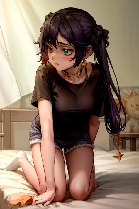 masterpiece, best quality,  <lora:mona:1>,1girl, mona (genshin impact), solo, twintails, shirt, white shirt, long hair, star (symbol), short sleeves, earrings, collarbone, kneeling, closed mouth, jewelry, bangs, star earrings, socks, hair ribbon, blush, bra strap, black hair, hair between eyes, purple hair, ribbon, hair ornament, alternate costume, looking away, t-shirt, on bed, black socks, green eyes, full body, bed sheet, sunlight, looking to the side, thighs, hair bow, blue eyes, very long hair, bow, breasts, black bra, shadow, sidelocks, bra, star hair ornament, gradient hair, shorts, black ribbon, indoors, all fours