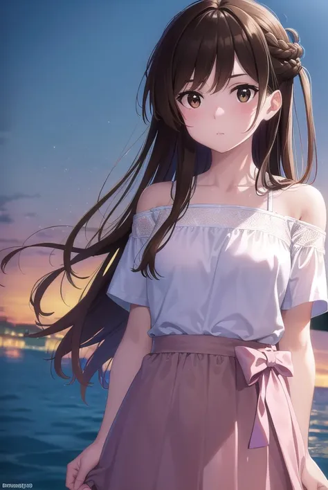 mizuharachizuru, <lora:mizuharachizuru-lora-nochekaiser:1>,
mizuhara chizuru, long hair, brown hair, (brown eyes:1.7), (one side up:1.5), bangs, braid, hair braid,
BREAK bare shoulders, collarbone, pink shirt, puffy short sleeves, puffy sleeves, red bow, shirt, short sleeves, skirt, white skirt,
BREAK outdoors, city,
BREAK looking at viewer, (cowboy shot:1.5),
BREAK <lyco:GoodHands-beta2:1>, (masterpiece:1.2), best quality, high resolution, unity 8k wallpaper, (illustration:0.8), (beautiful detailed eyes:1.6), extremely detailed face, perfect lighting, extremely detailed CG, (perfect hands, perfect anatomy),