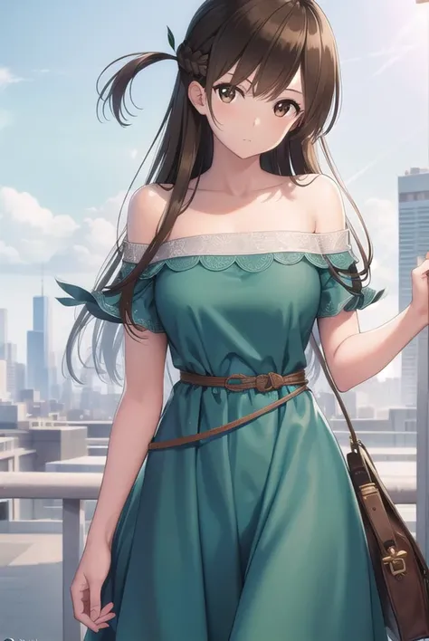 mizuharachizuru, <lora:chizuruichinosepopochichi-lora-nochekaiser:1>,
chizuru ichinose popochichi, long hair, brown hair, (brown eyes:1.5), (one side up:1.5), bangs, braid, hair braid,
BREAK bare shoulders, dress, strapless dress, strapless, short sleeves, green dress, skirt, blue skirt,
BREAK outdoors, city,
BREAK looking at viewer, (cowboy shot:1.5),
BREAK <lyco:GoodHands-beta2:1>, (masterpiece:1.2), best quality, high resolution, unity 8k wallpaper, (illustration:0.8), (beautiful detailed eyes:1.6), extremely detailed face, perfect lighting, extremely detailed CG, (perfect hands, perfect anatomy),