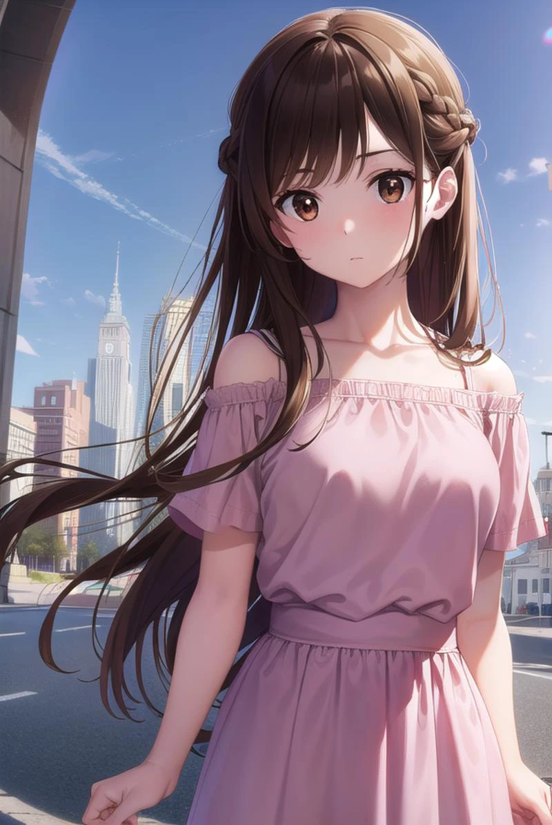 mizuharachizuru, <lora:mizuharachizuru-lora-nochekaiser:1>,
mizuhara chizuru, long hair, brown hair, (brown eyes:1.7), (one side up:1.5), bangs, braid, hair braid,
BREAK bare shoulders, collarbone, pink shirt, puffy short sleeves, puffy sleeves, red bow, shirt, short sleeves, skirt, white skirt,
BREAK outdoors, city,
BREAK looking at viewer, (cowboy shot:1.5),
BREAK <lyco:GoodHands-beta2:1>, (masterpiece:1.2), best quality, high resolution, unity 8k wallpaper, (illustration:0.8), (beautiful detailed eyes:1.6), extremely detailed face, perfect lighting, extremely detailed CG, (perfect hands, perfect anatomy),