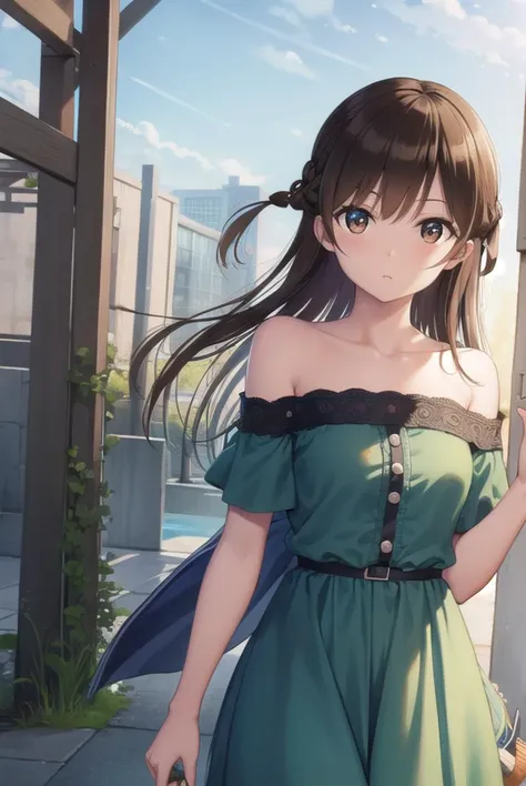 mizuharachizuru, <lora:chizuruichinosepopochichi-lora-nochekaiser:1>,
chizuru ichinose popochichi, long hair, brown hair, (brown eyes:1.5), (one side up:1.5), bangs, braid, hair braid,
BREAK bare shoulders, dress, strapless dress, strapless, short sleeves, green dress, skirt, blue skirt,
BREAK outdoors, city,
BREAK looking at viewer, (cowboy shot:1.5),
BREAK <lyco:GoodHands-beta2:1>, (masterpiece:1.2), best quality, high resolution, unity 8k wallpaper, (illustration:0.8), (beautiful detailed eyes:1.6), extremely detailed face, perfect lighting, extremely detailed CG, (perfect hands, perfect anatomy),